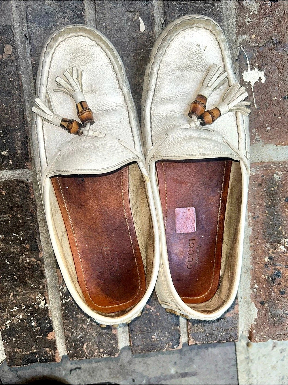 Gucci Bamboo Tassel Driving Shoes Loafers White & Brown 9.5